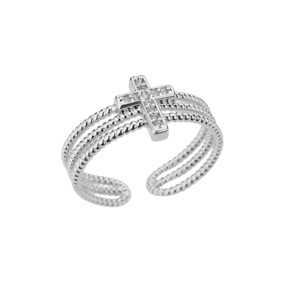 Silver cross stainless steel ring with textured multi-strand gold color band and embedded clear crystals for women