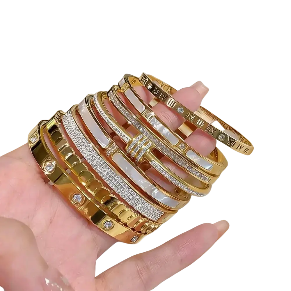 Stainless steel gold roman numeral bangle bracelet for women with intricate designs diamonds and mother-of-pearl inlays