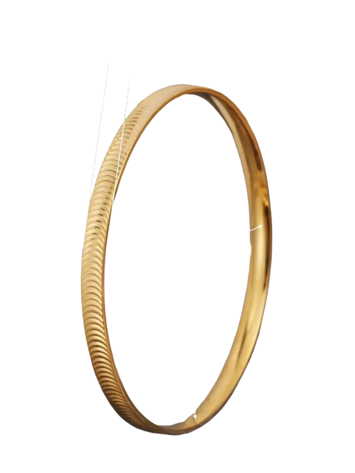 Gold-colored stainless steel bangle bracelet with a textured ribbed striped design for elegant wear