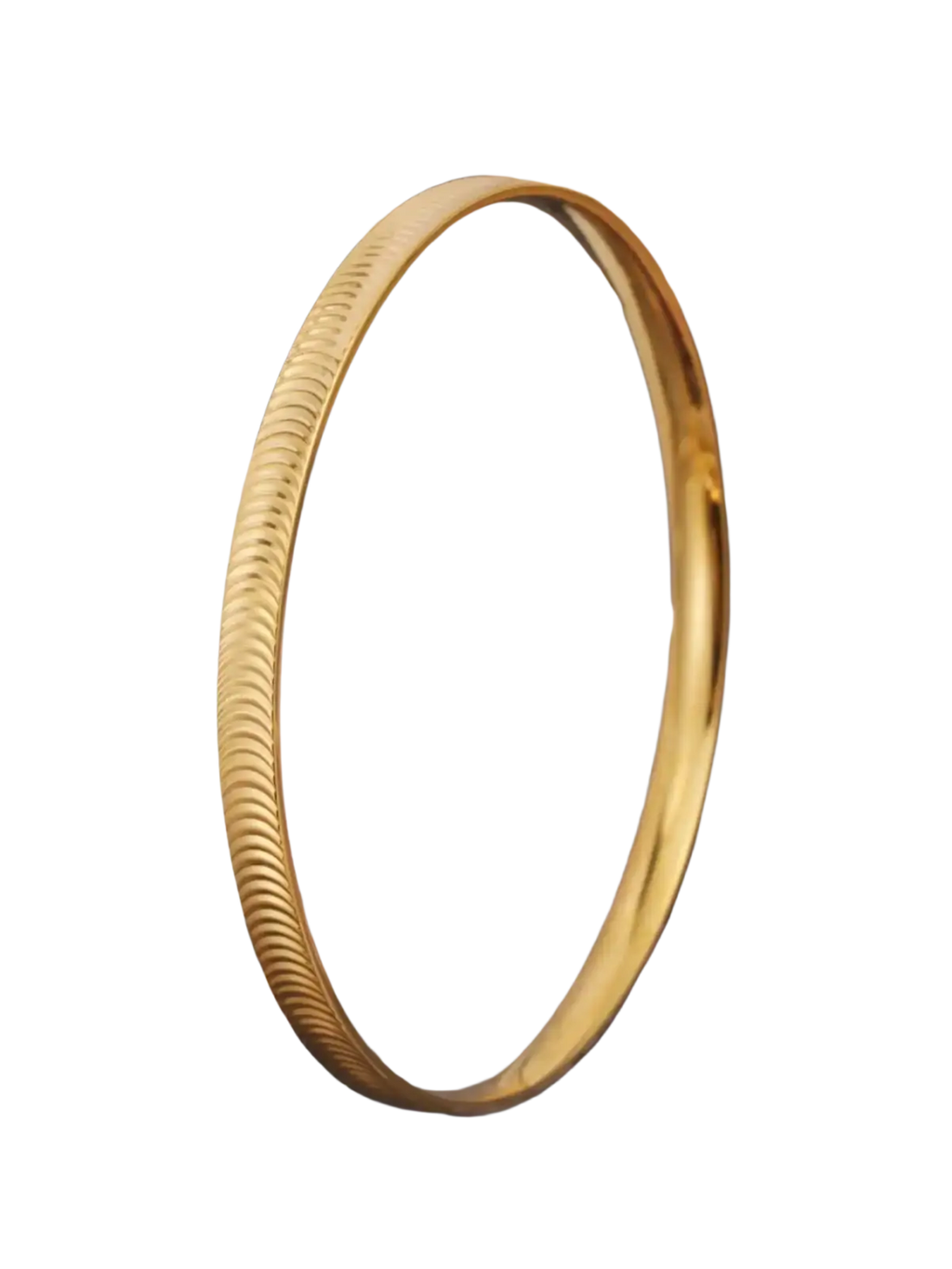 Gold-colored stainless steel bangle bracelet with a textured ribbed surface and striped design for elegant wear