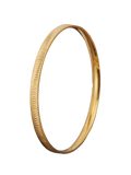 Gold-colored stainless steel bangle bracelet with a textured ribbed surface and striped design for elegant wear