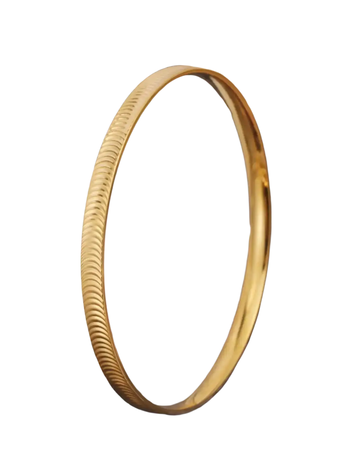 Gold-colored stainless steel bangle bracelet with a textured ribbed surface and striped design for elegant wear