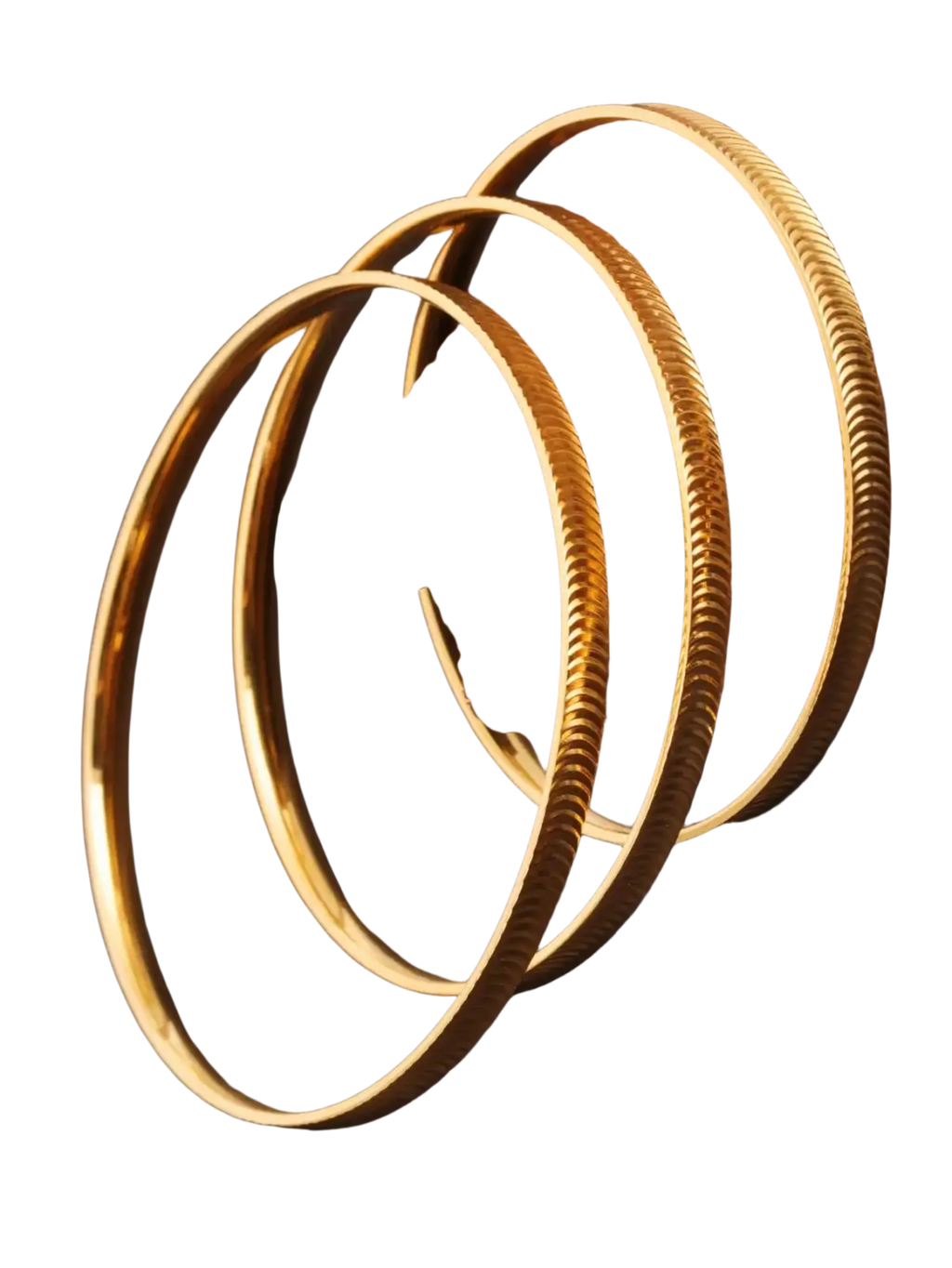 Stainless steel gold striped bangle bracelet with textured ribbed design in a shiny gold finish
