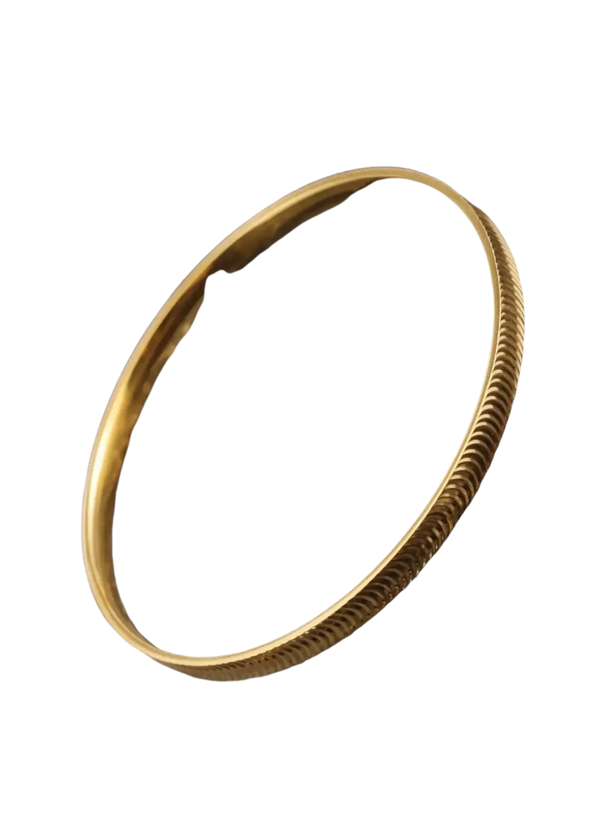 A sleek gold-toned stainless steel bangle bracelet with a textured ribbed exterior and smooth inner surface