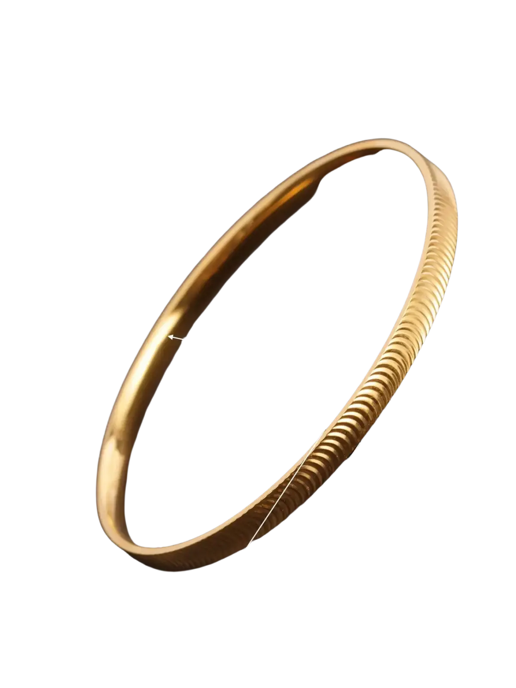Stainless steel gold-toned bangle bracelet with textured ribbed design, 6cm diameter and 0.4cm thickness