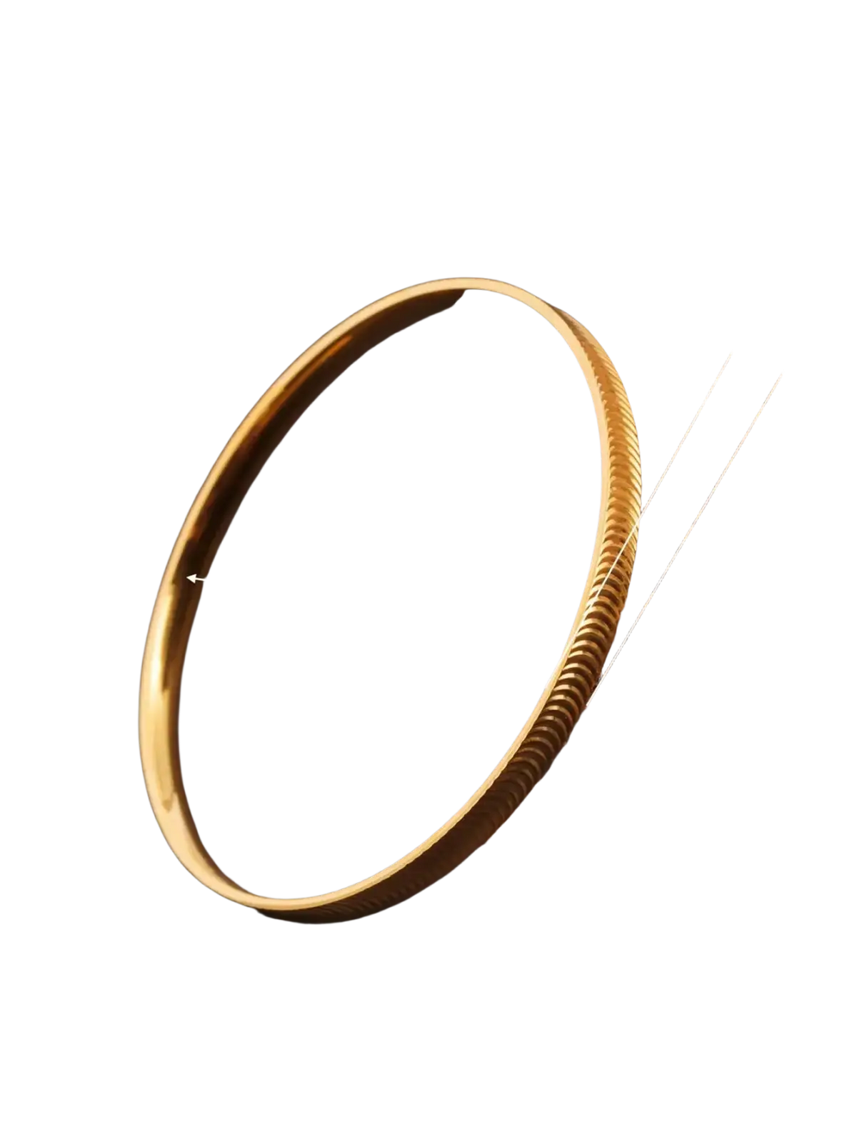 Stainless steel gold striped bangle bracelet with a textured twisted rope pattern along the inner edge