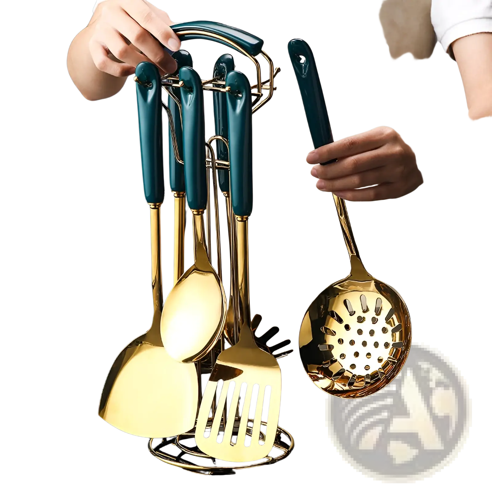 Stainless steel gold and teal kitchen utensil set with spatula ladle and slotted spoon on matching stand
