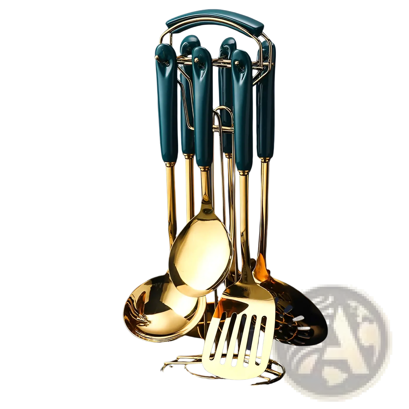 Set of stainless steel gold and teal kitchen utensils with ceramic handles neatly arranged in a matching golden stand