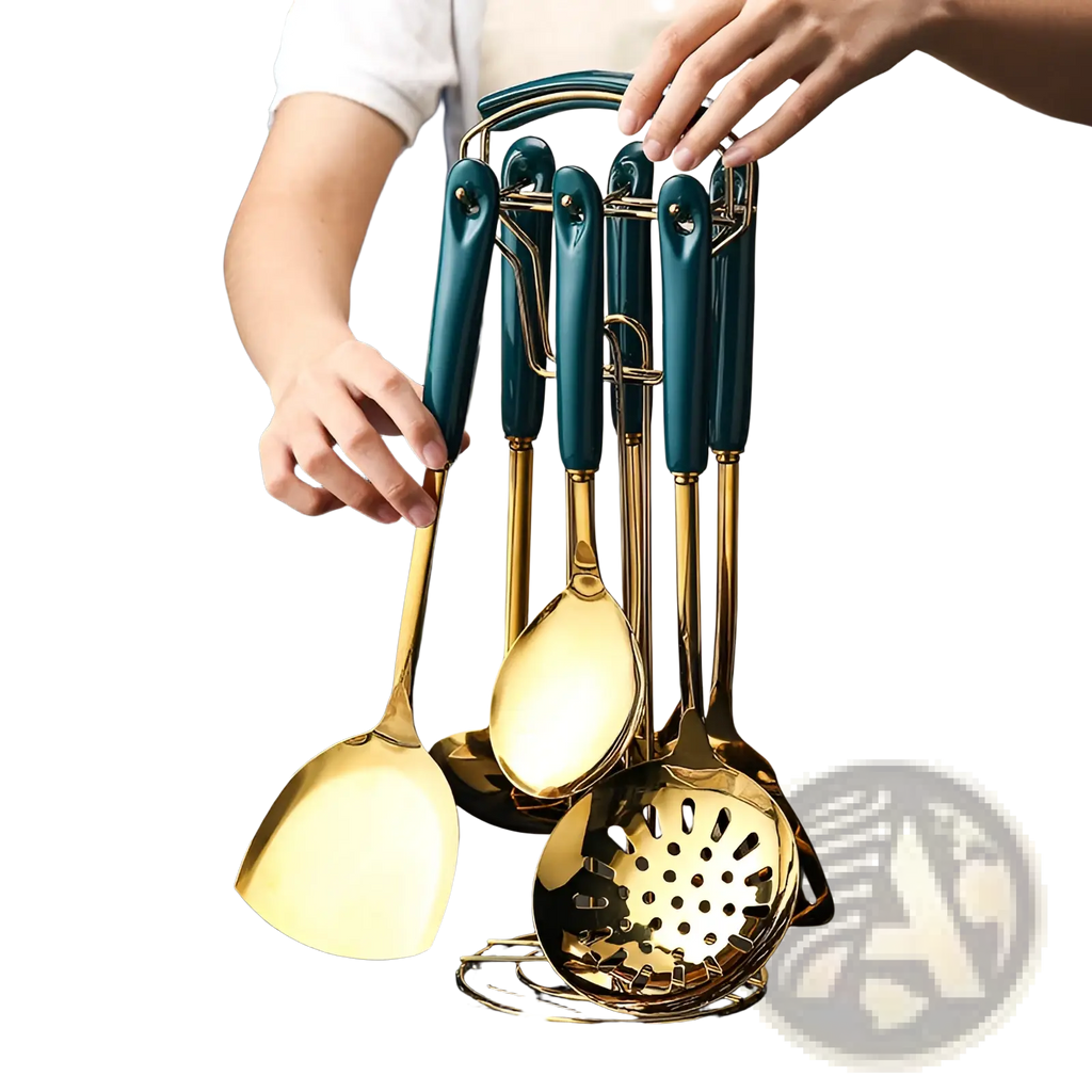 Set of stainless steel gold finished kitchen utensils with teal handles neatly arranged in a matching metallic stand