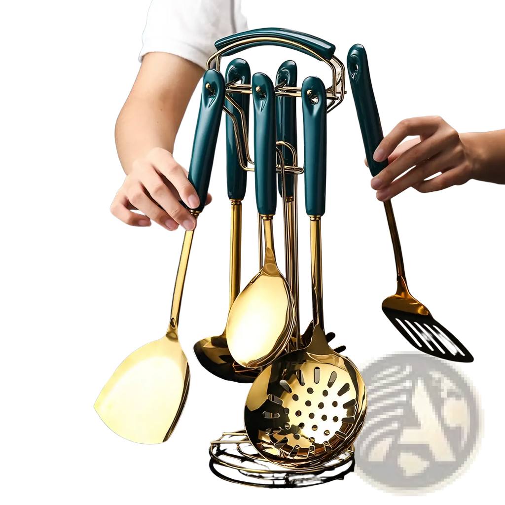 Set of stainless steel gold-finished kitchen utensils with teal handles neatly arranged in a matching rack