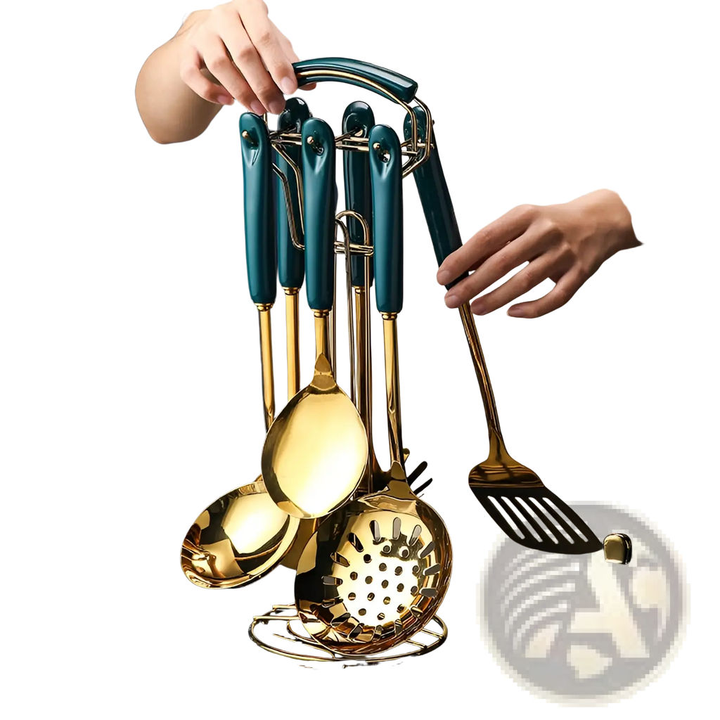 Set of stainless steel kitchen utensils with teal and gold finishes on a sleek metal rack for organized storage