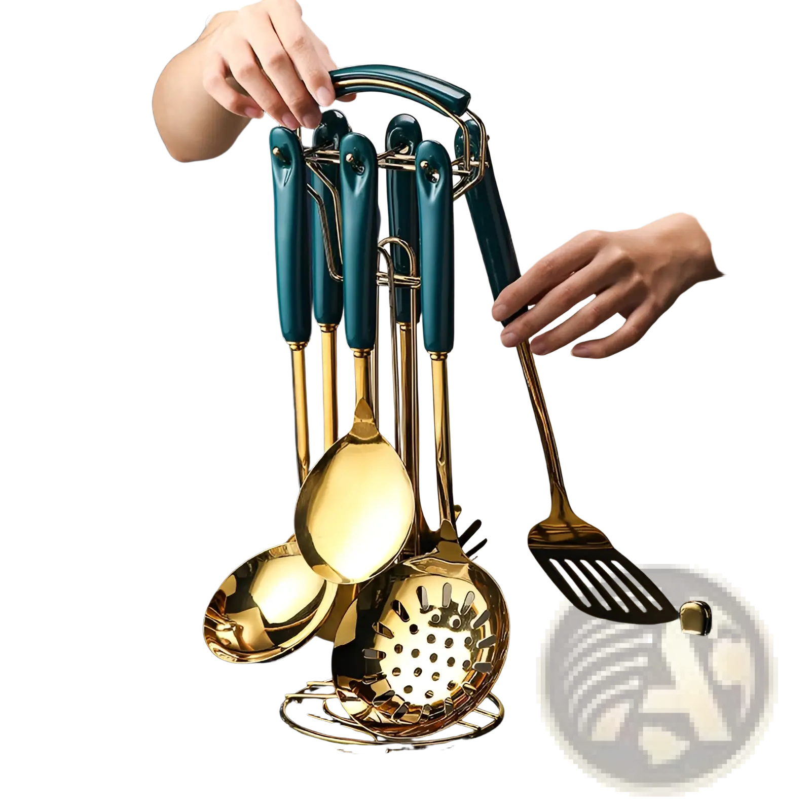 Set of stainless steel kitchen utensils with teal and gold finishes on a sleek metal rack for organized storage