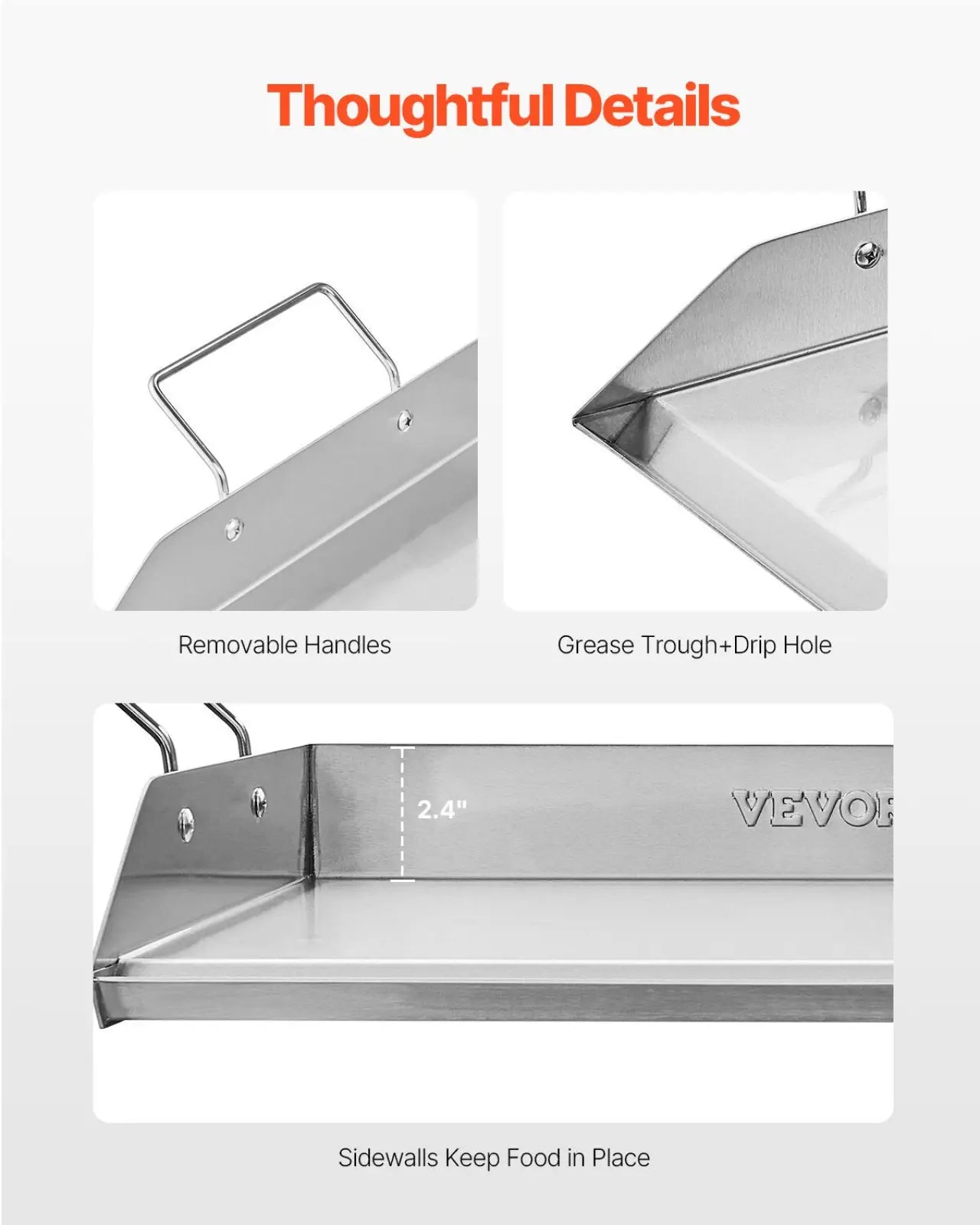 Stainless steel griddle 18x16 inch universal BBQ grill pan with removable handles and grease trough in silver color