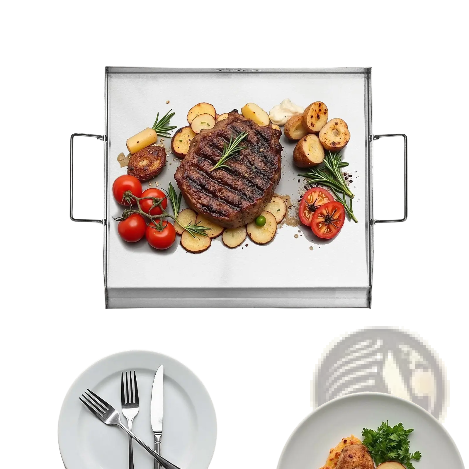 Rectangular stainless steel griddle with two side handles featuring grilled steak and roasted vegetables on surface