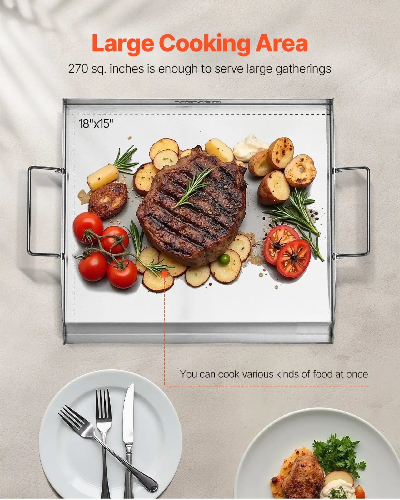 Stainless steel griddle with white cooking surface and two metal handles measuring 18 by 15 inches for universal bbq grills