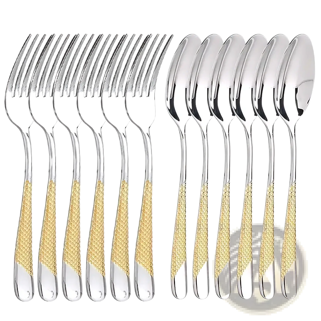 Set of 12 stainless steel hammered flatware with elegant gold-tone woven-patterned handles for dining