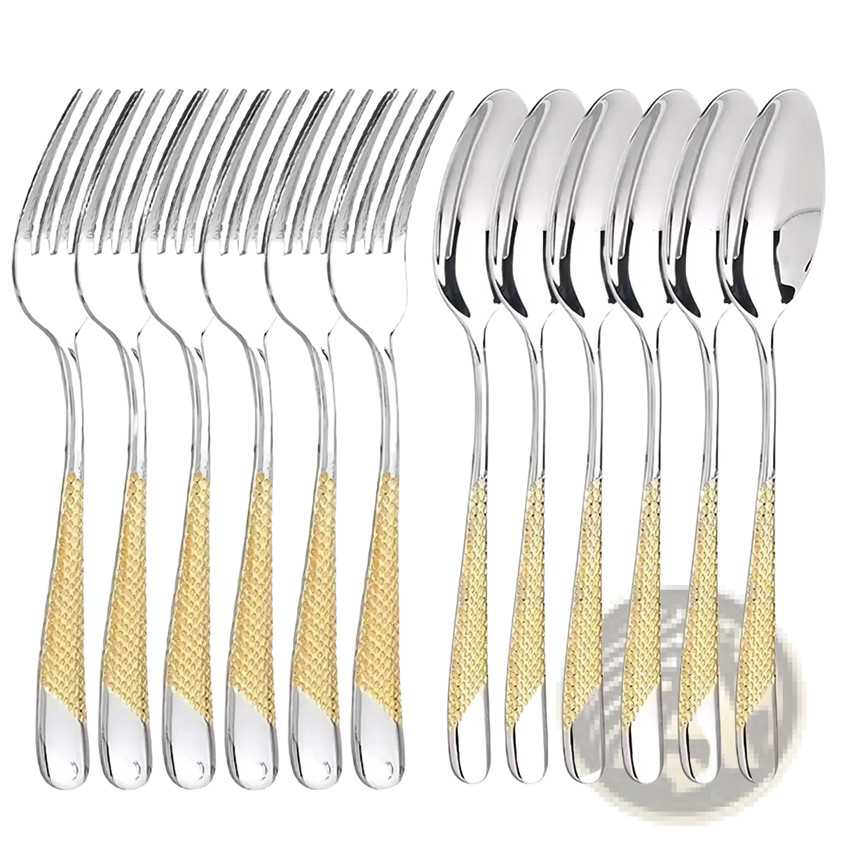 Set of 12 stainless steel hammered flatware with elegant gold-tone woven-patterned handles for dining