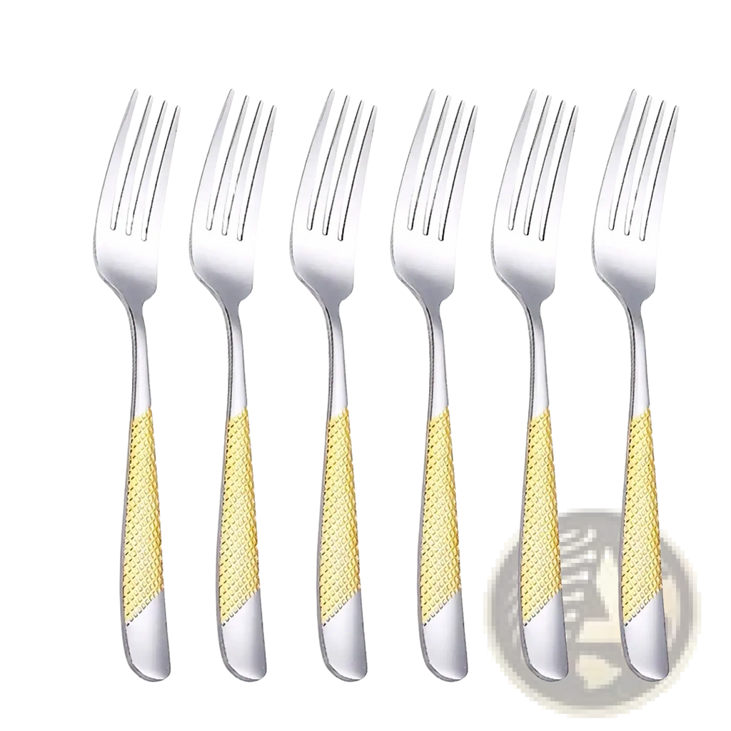 Six stainless steel forks with gold colored hammered textured handles from the hammered flatware set