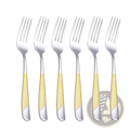 Six stainless steel forks with gold colored hammered textured handles from the hammered flatware set