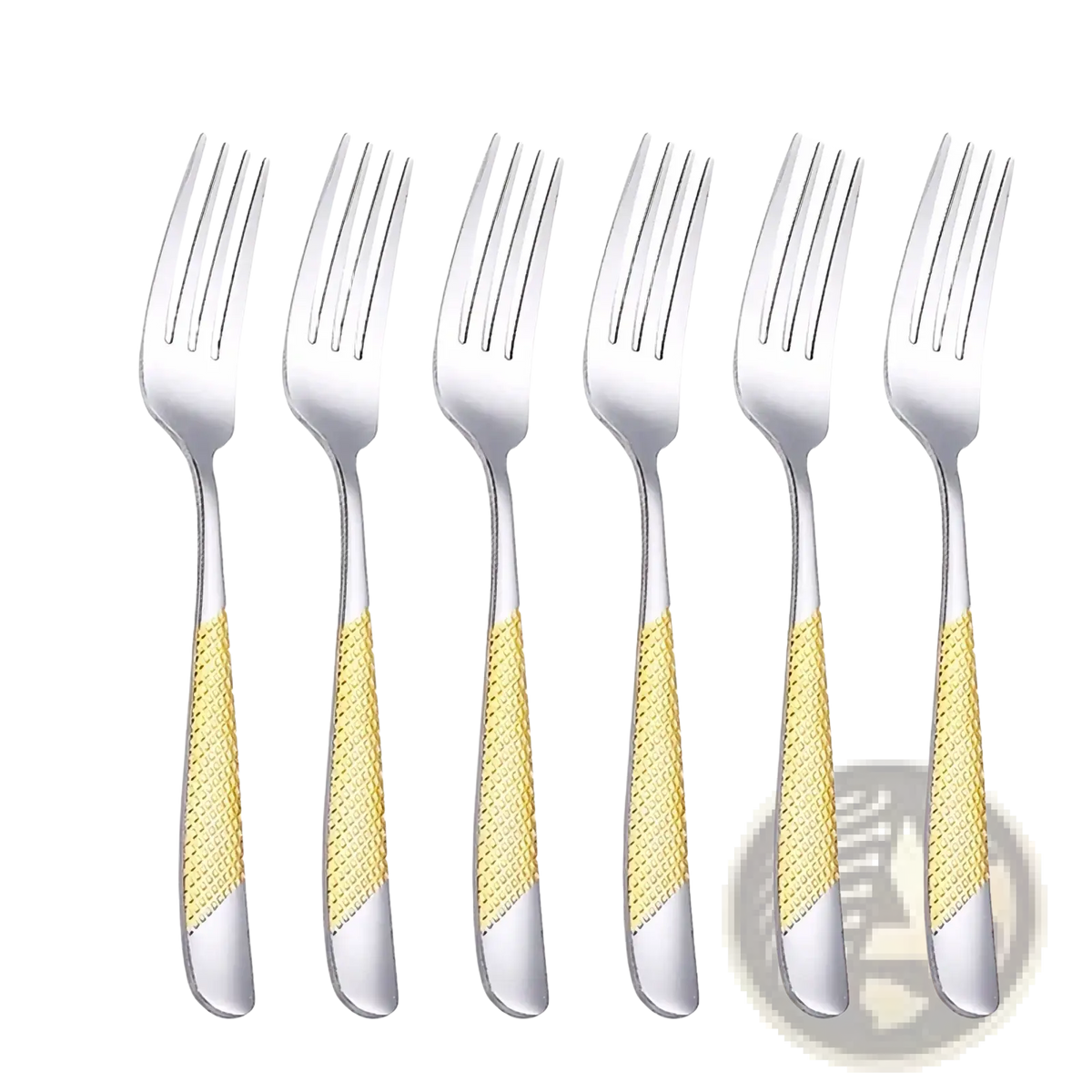 Six stainless steel forks with gold colored hammered textured handles from the hammered flatware set