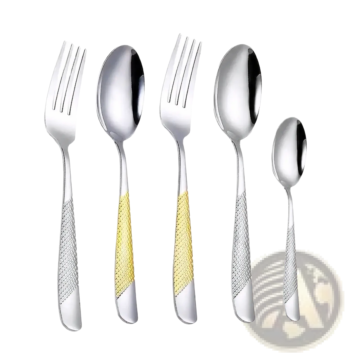 Set of five stainless steel hammered flatware pieces with textured silver handles and gold accent bands