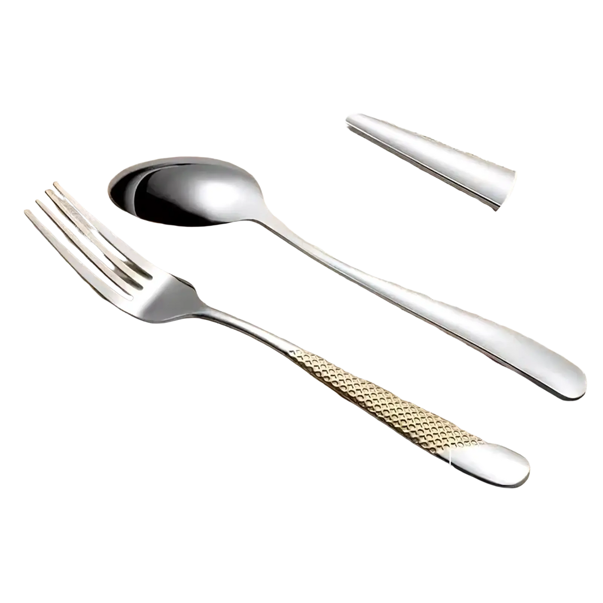 Stainless steel hammered flatware set fork and spoon with textured gold-toned patterned handles