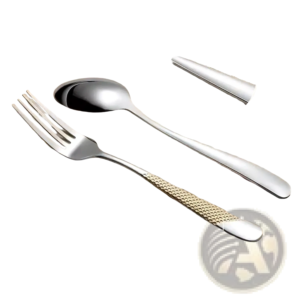 Stainless steel hammered flatware set fork and spoon with textured gold-toned patterned handles