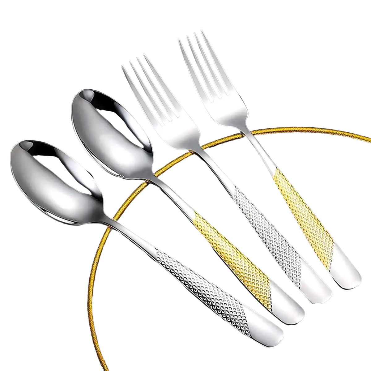 Set of four stainless steel hammered flatware with silver and gold-tone textured handles