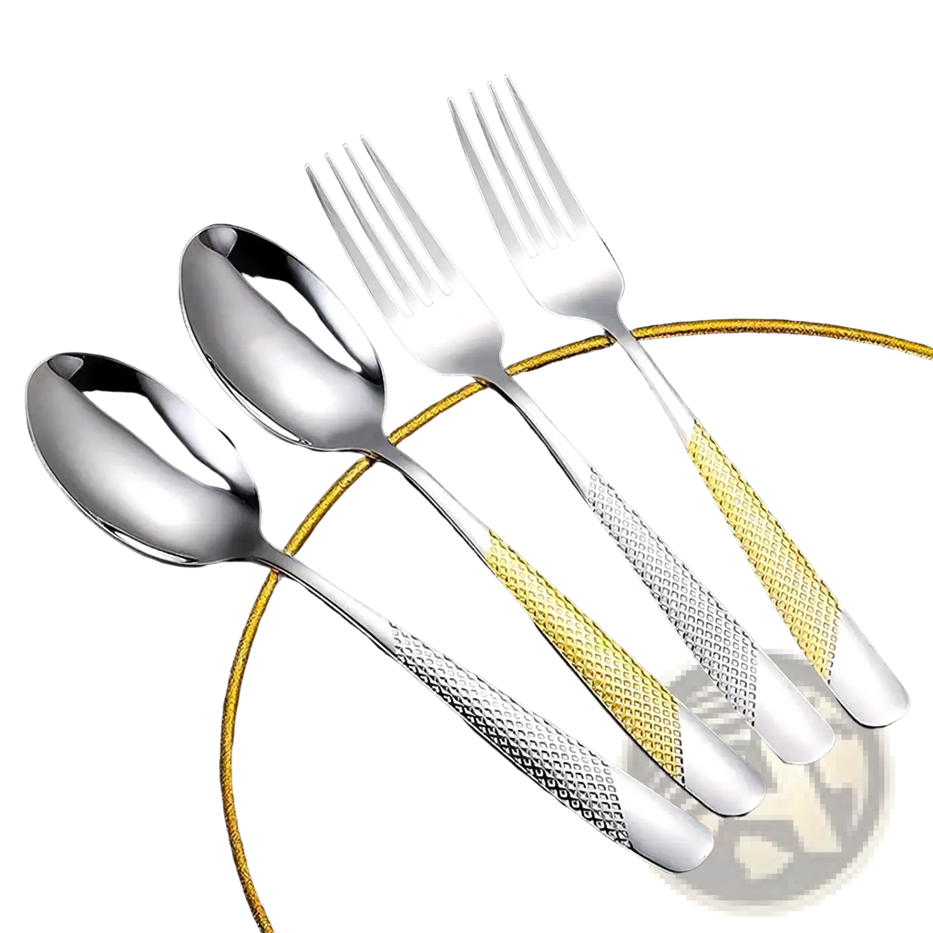Set of four stainless steel hammered flatware with silver and gold-tone textured handles