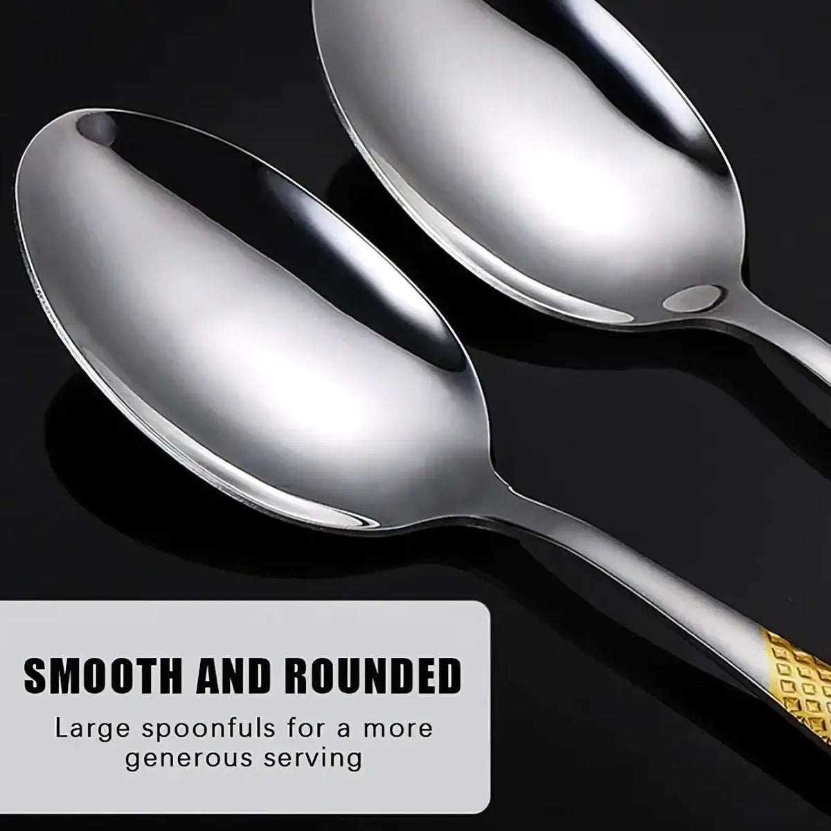 Shiny stainless steel spoons with gold-accented embossed handles from a hammered flatware set