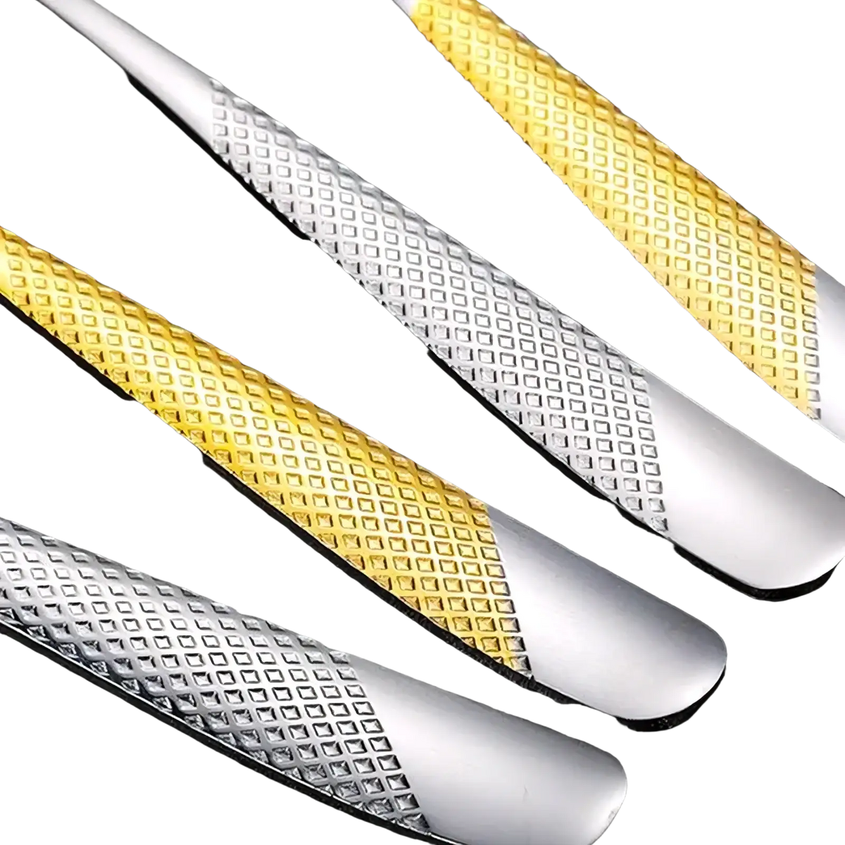 Stainless steel hammered flatware set with textured diamond pattern and gold and silver metallic finish shoe shine tools