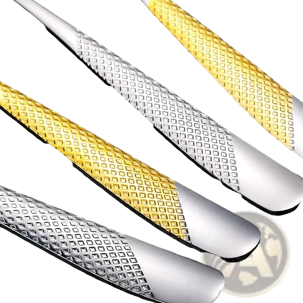 Stainless steel hammered flatware set with textured diamond pattern and gold and silver metallic finish shoe shine tools