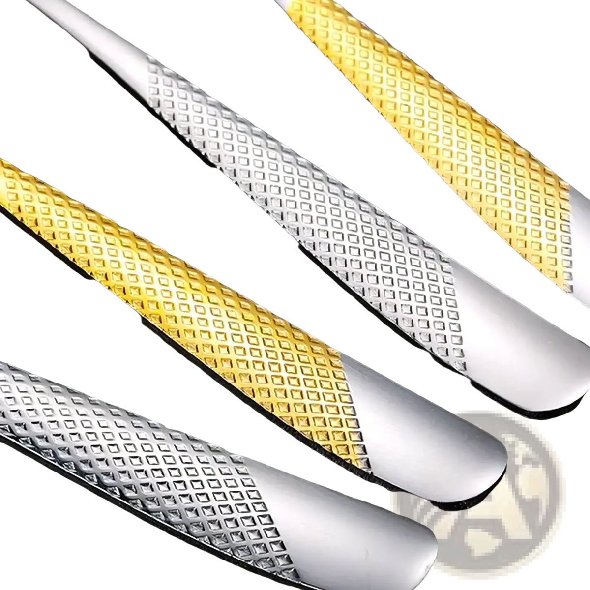Stainless steel hammered flatware set with textured diamond pattern and gold and silver metallic finish shoe shine tools