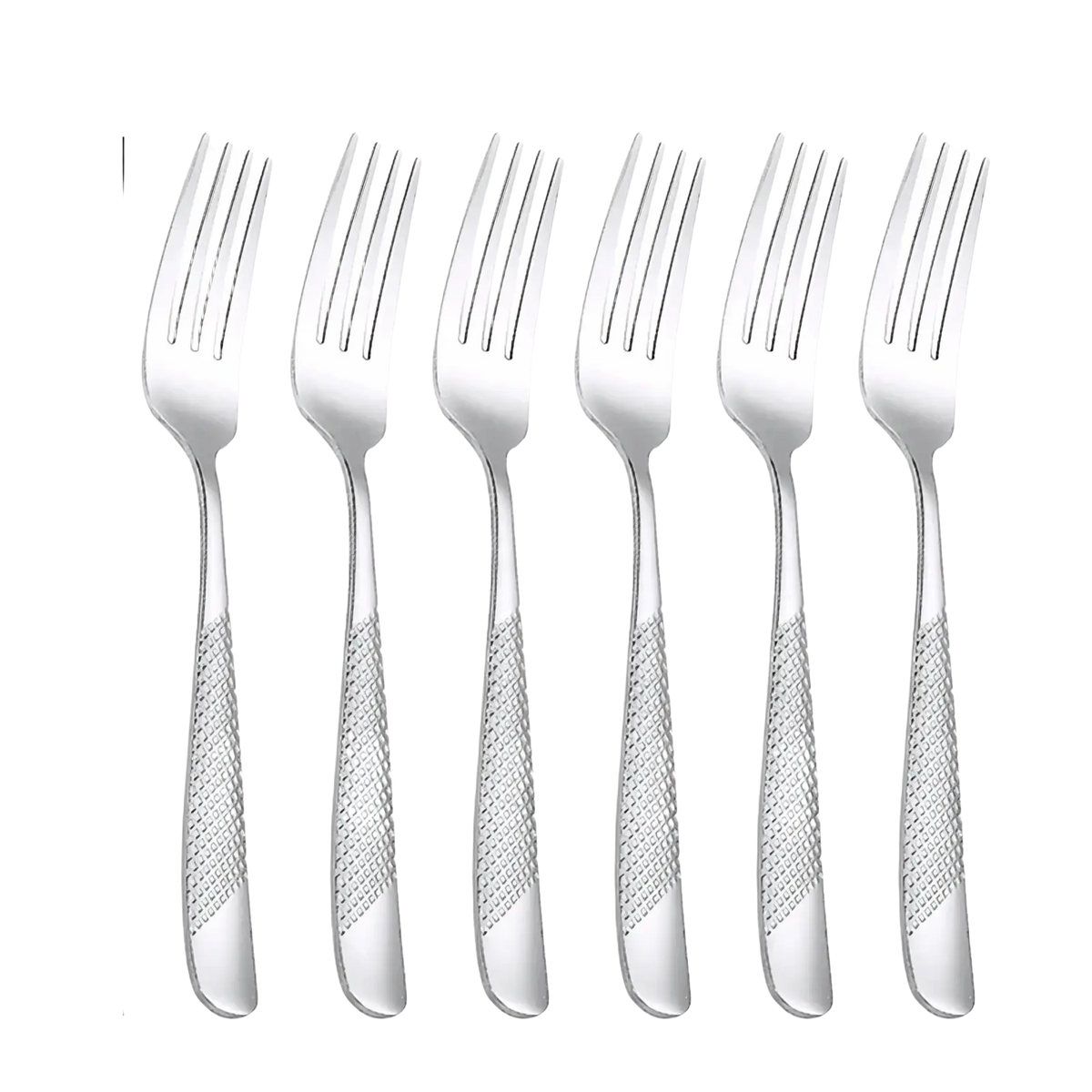 Set of six stainless steel forks with textured diamond-patterned handles from hammered flatware set