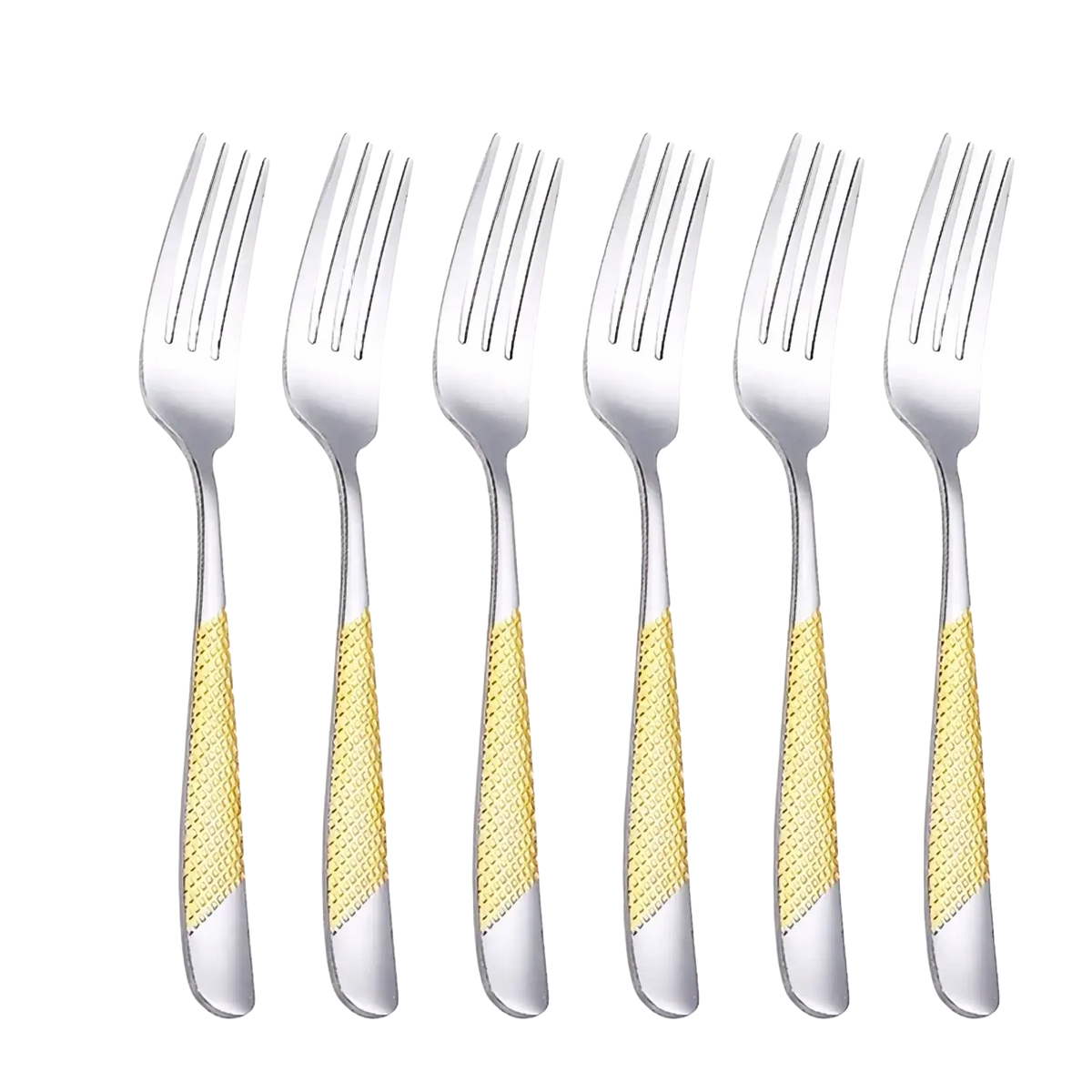 Six stainless steel forks with gold colored hammered textured handles from the hammered flatware set