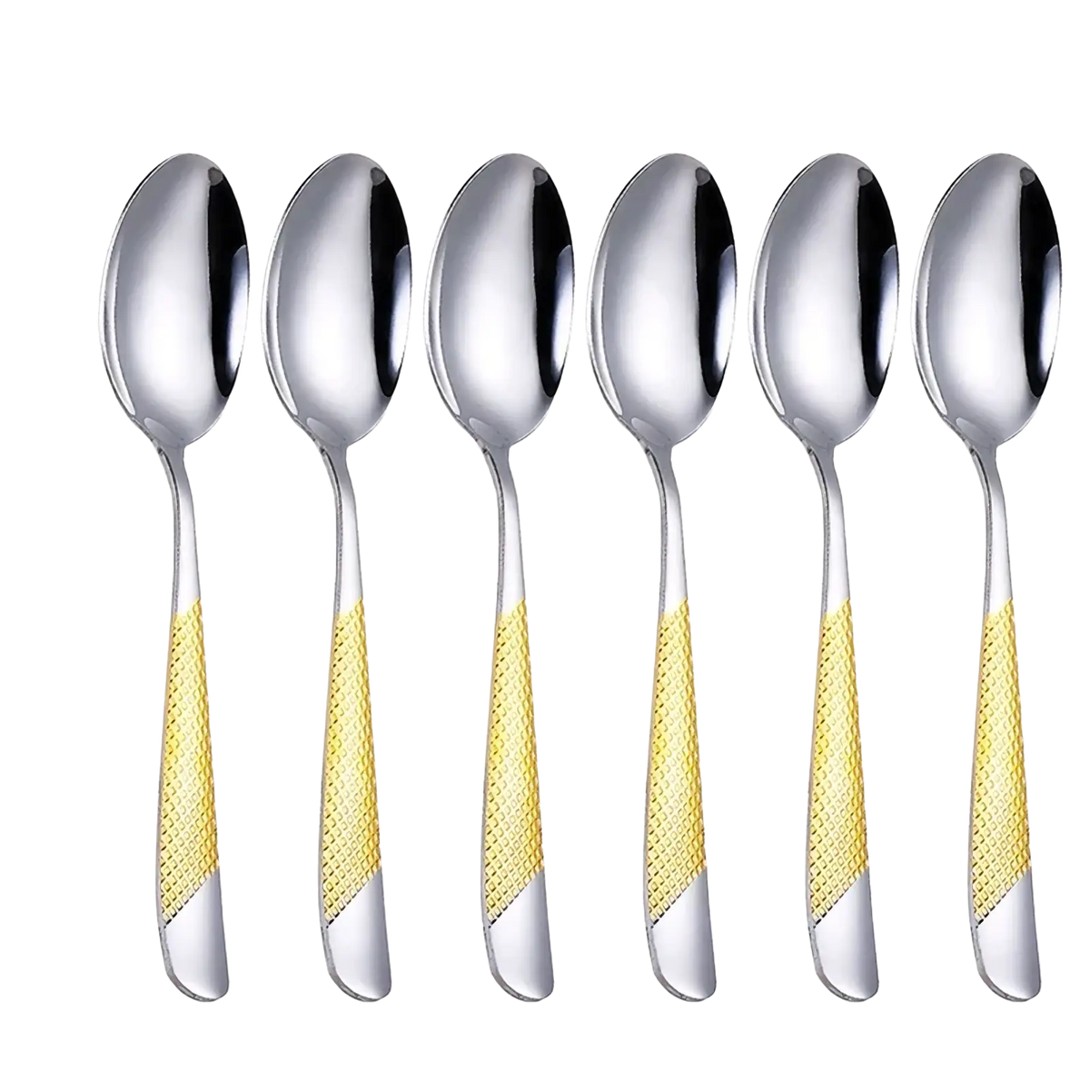 Set of six stainless steel spoons with gold-tone hammered textured handles from hammered flatware set