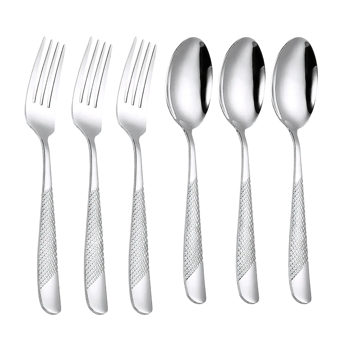 Set of six stainless steel hammered flatware with textured diamond-patterned handles for elegant dining
