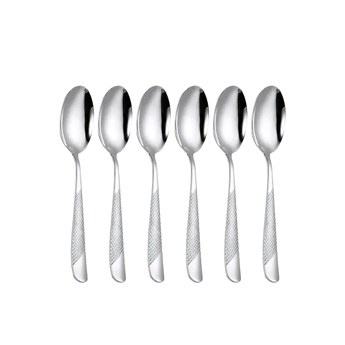 Set of six polished stainless steel teaspoons with diamond-patterned handles from the hammered flatware set