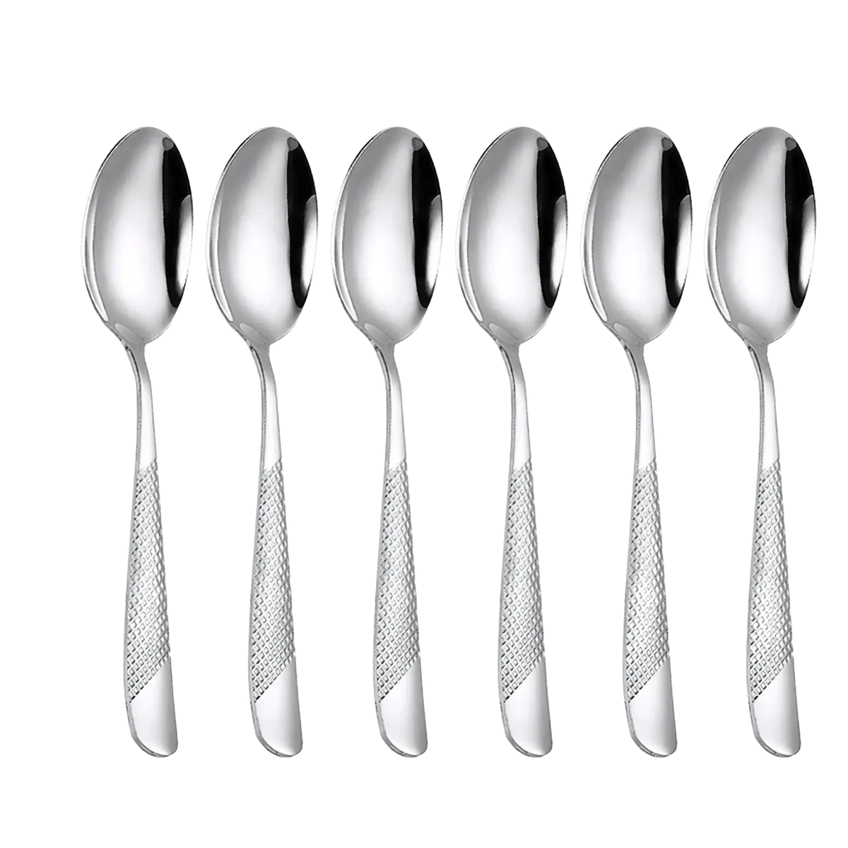 Set of six sleek stainless steel spoons with diamond-patterned textured handles from hammered flatware set