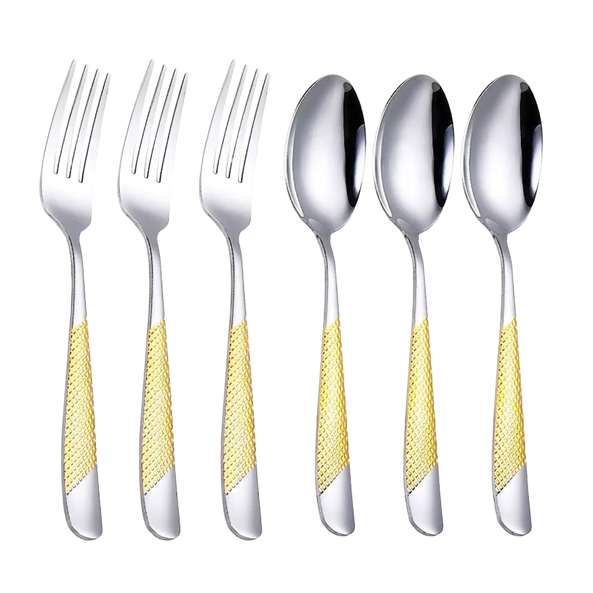 Set of three stainless steel hammered flatware spoons and forks with gold tone diamond patterned handles