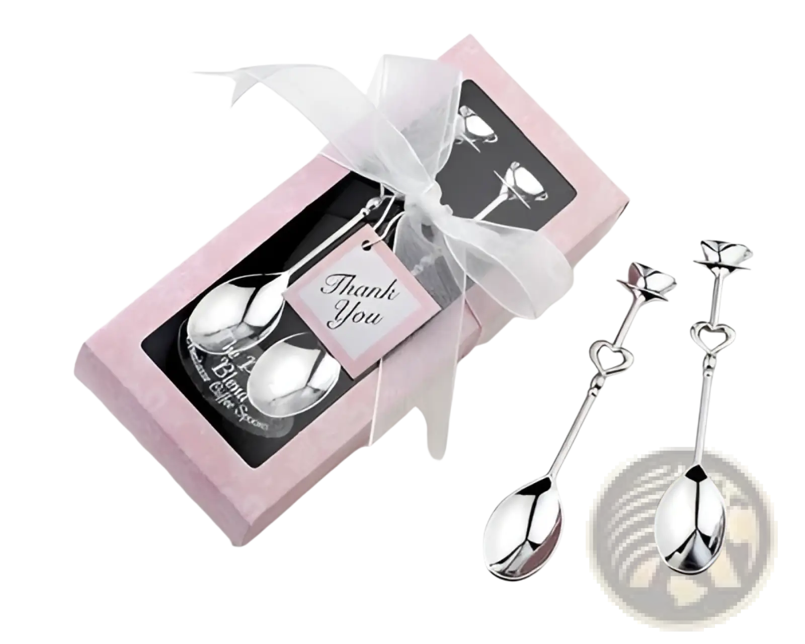 Stainless steel heart coffee spoon gift set with silver rose and heart-shaped dessert spoons in pink box with white ribbon