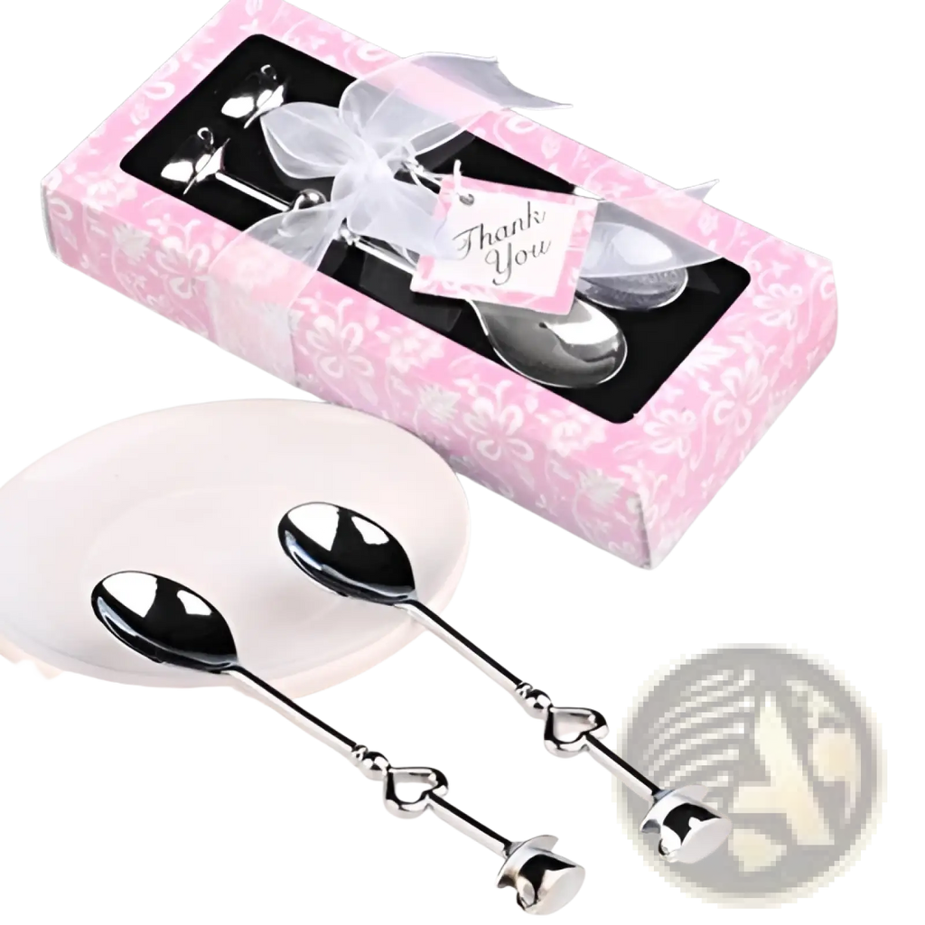Stainless steel heart coffee spoon gift set with silver spoons in pink floral box tied with white ribbon