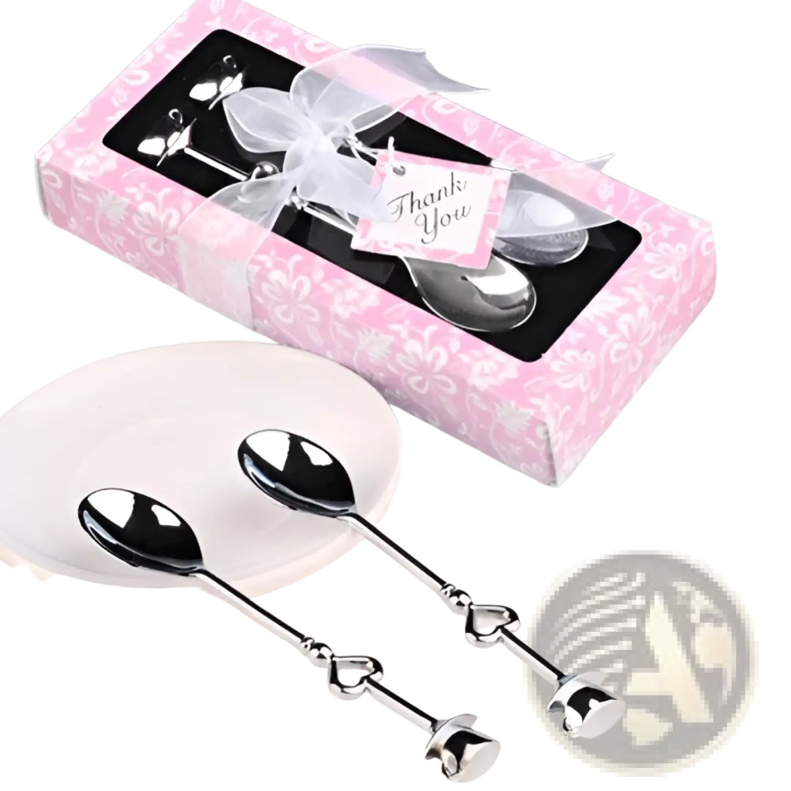 Stainless steel heart coffee spoon gift set with silver spoons in pink floral box tied with white ribbon