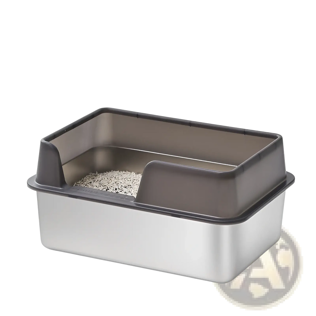 Small black cat litter box with stainless steel base and dark gray lid featuring built-in entry ramps for easy access