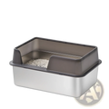 Small black cat litter box with stainless steel base and dark gray lid featuring built-in entry ramps for easy access