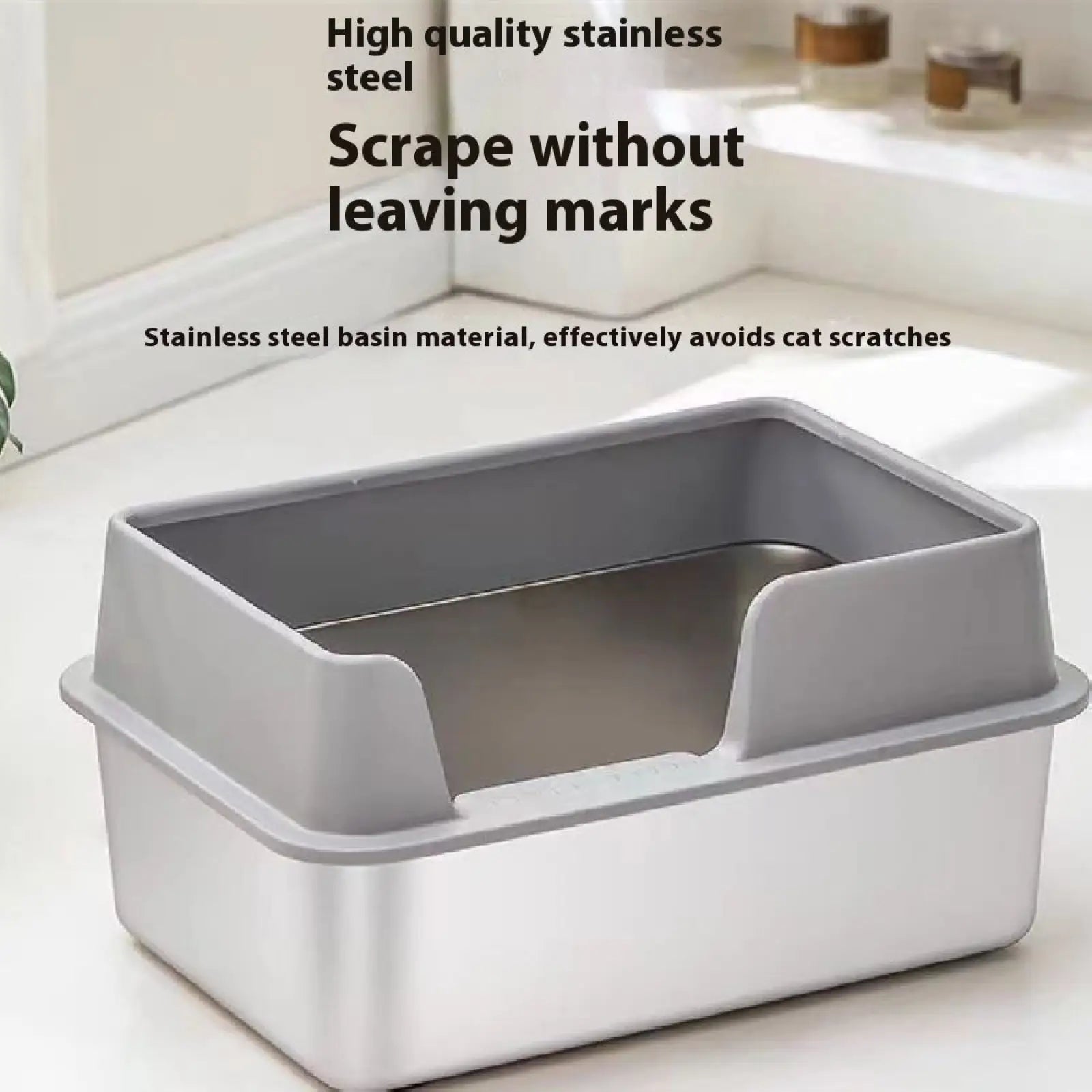 Gray and stainless steel high fence cat litter box with sleek modern design for efficient pet waste management