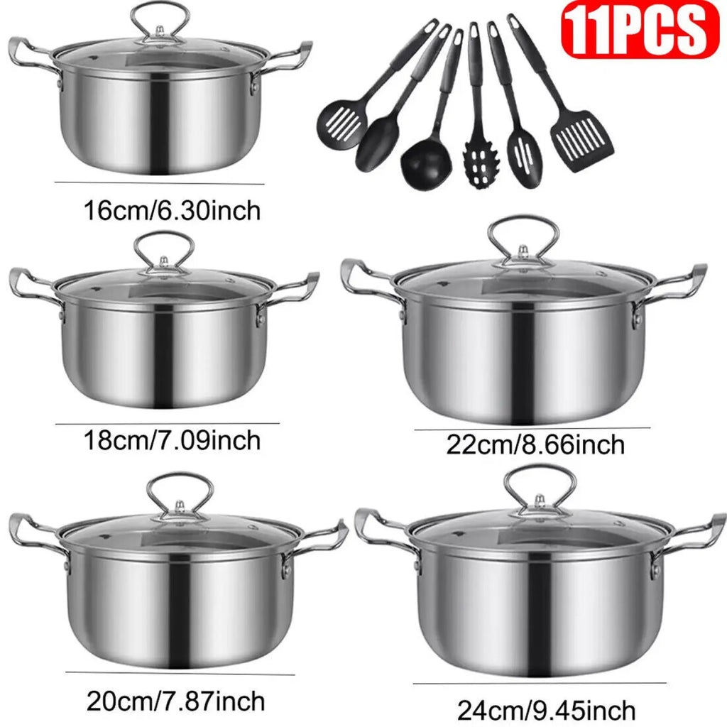 Set of four stainless steel induction cookware pots with glass lids and handles measuring 16cm to 24cm diameter