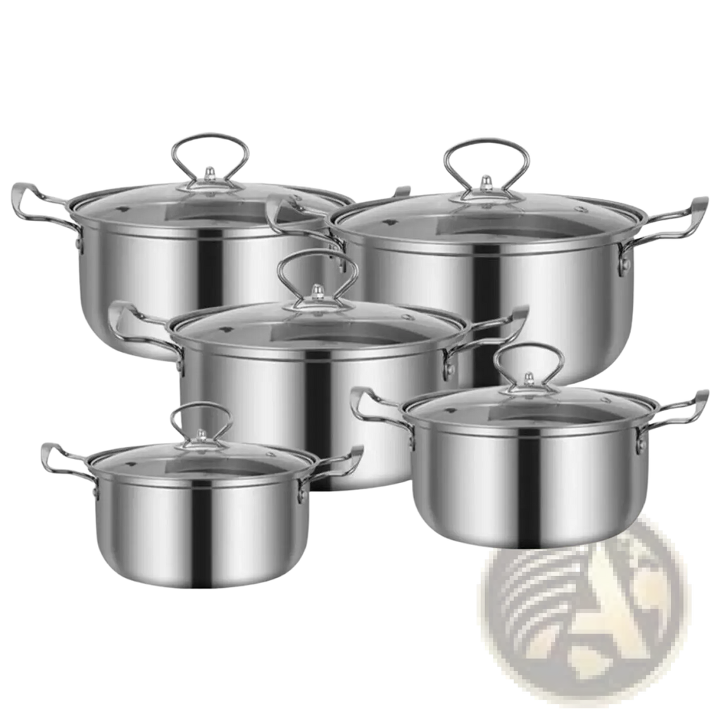 Set of four stainless steel induction cookware pots with glass lids and loop handles in silver finish