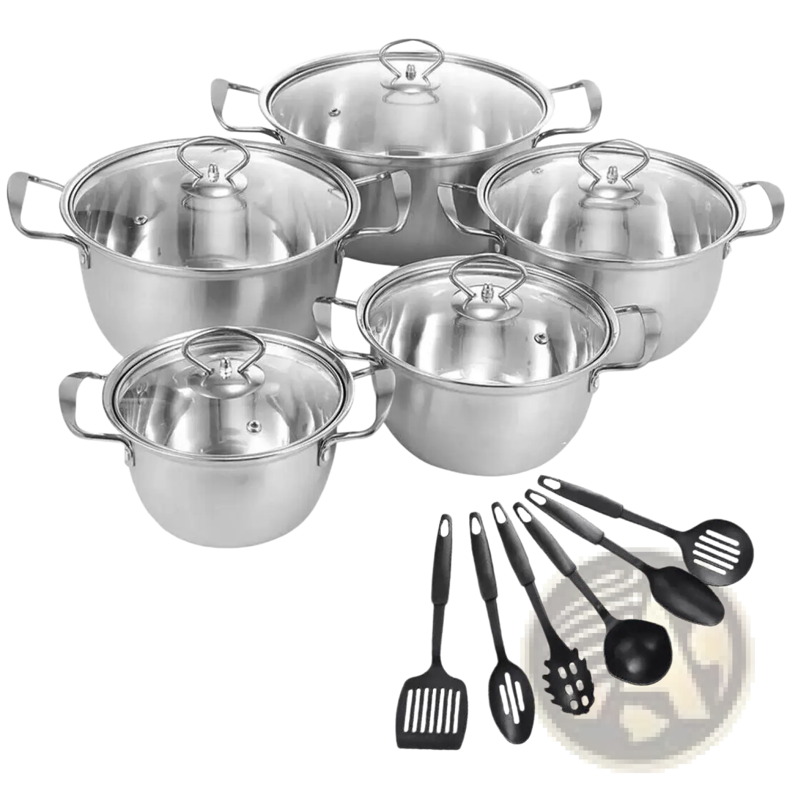 Stainless steel induction cookware set 11 pieces with glass lids and black silicone utensils for versatile cooking