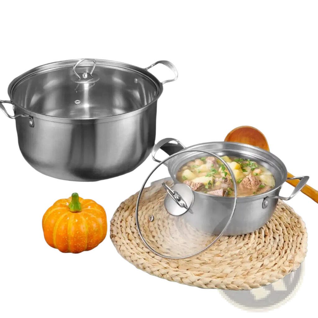 Stainless steel induction cookware set 11 pieces featuring a stainless steel pot with glass lid and side handles in metallic finish